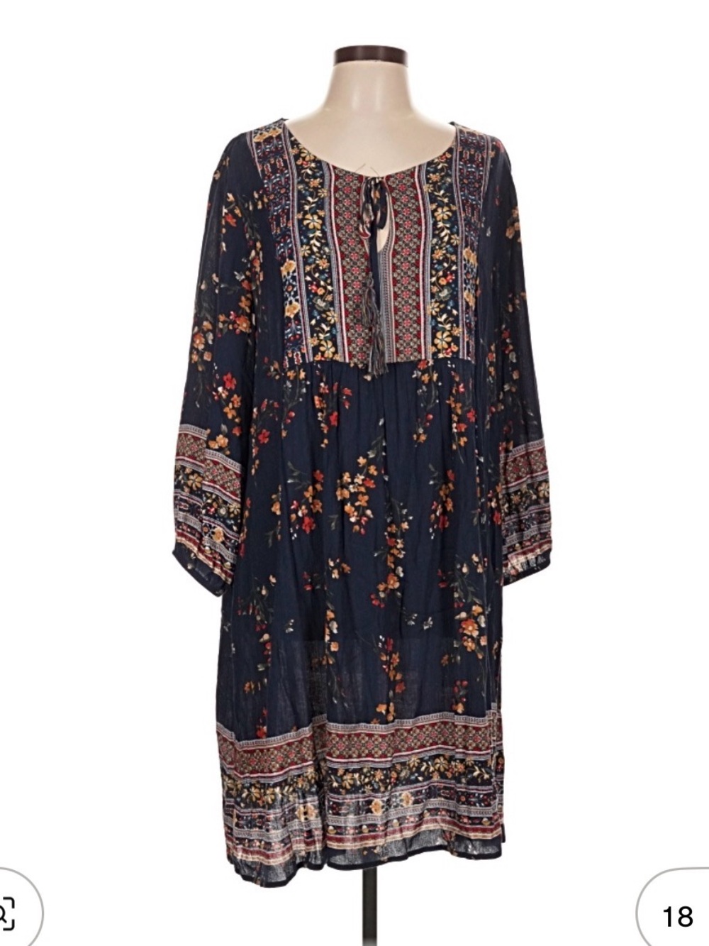 Boho Floral Navy Peasant Dress with Tassel Tie